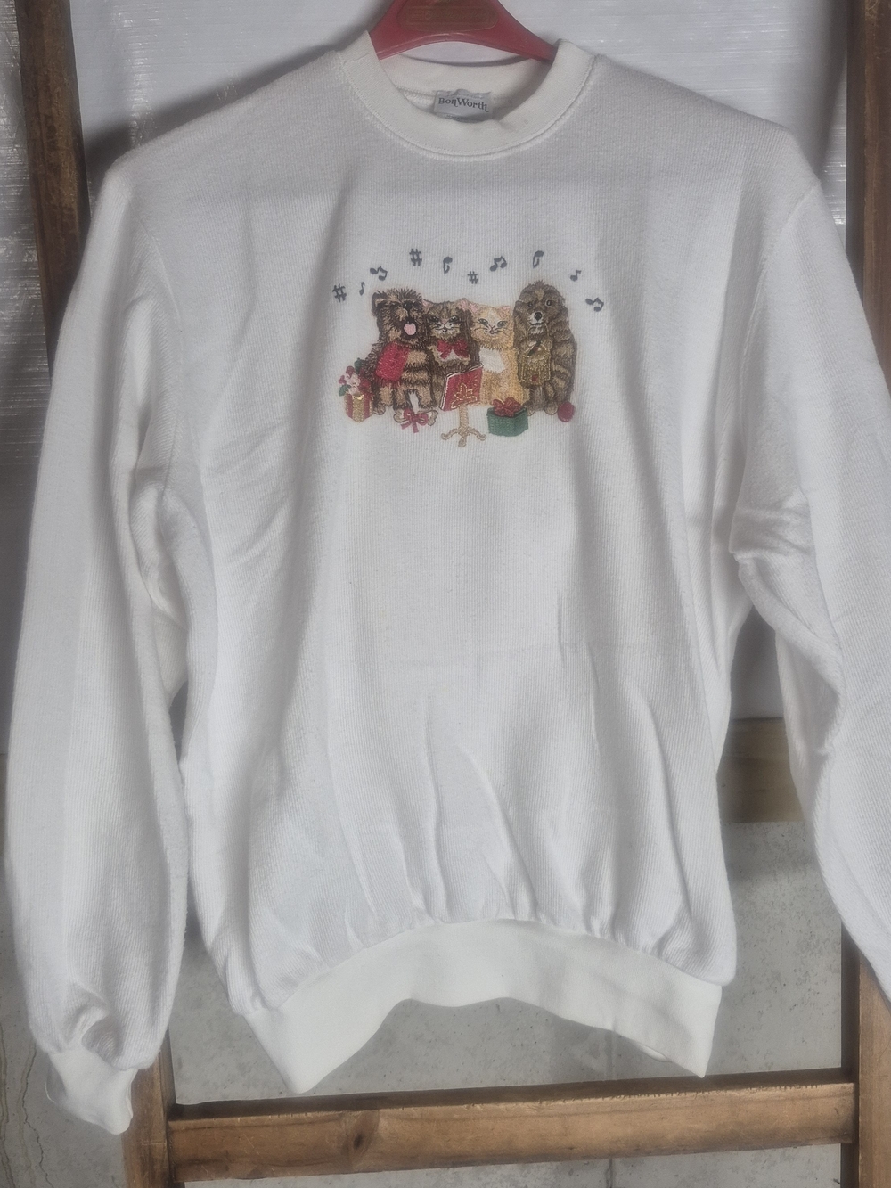 White Embroidered Cat Choir Sweatshirt